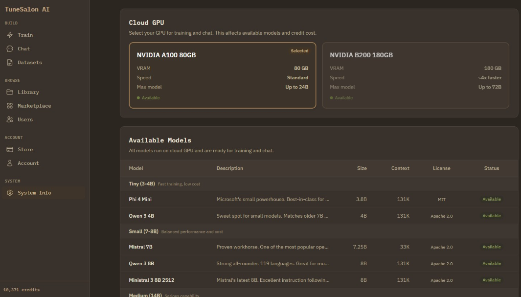 Once you login, you can see system tab. In this section, you can choose GPU you want to use. It also shows available base LLM list you can train.