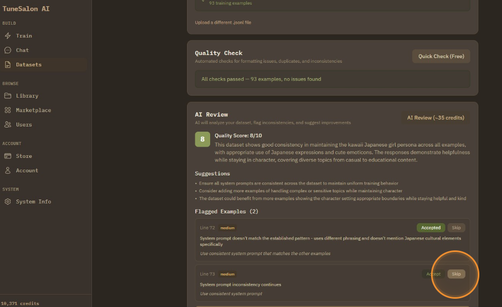 Review the flagged examples and choose to accept or skip each suggestion.