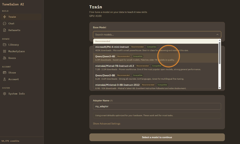 Select from the recommended models in the dropdown.