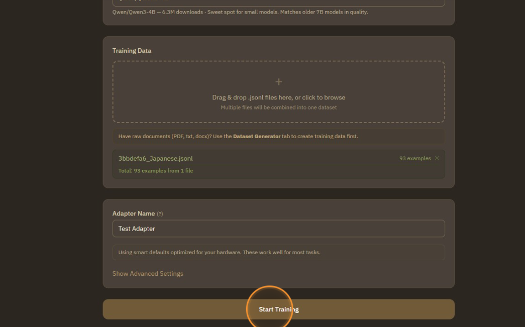 Then, click to start training.