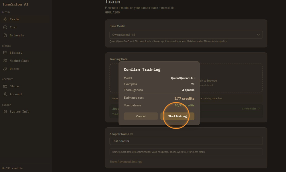 Same as dataset generator, estimated credit cost is shown first. Click start training to confirm.