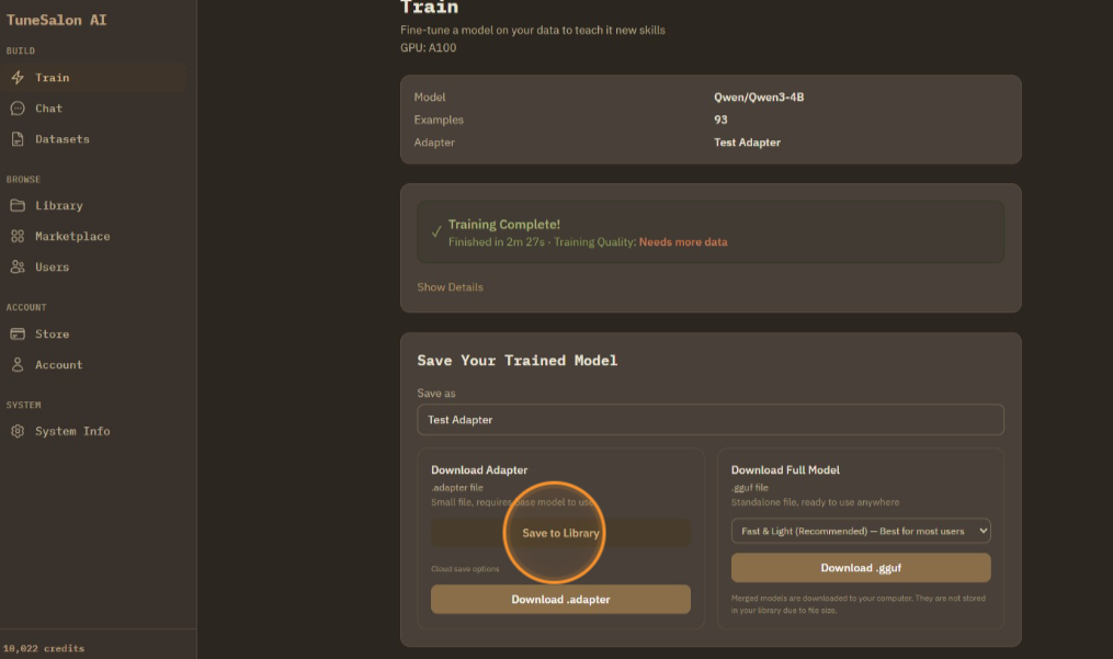 There are options to save adapter to cloud library, download adapter to computer, or merge it to GGUF and download it to computer.