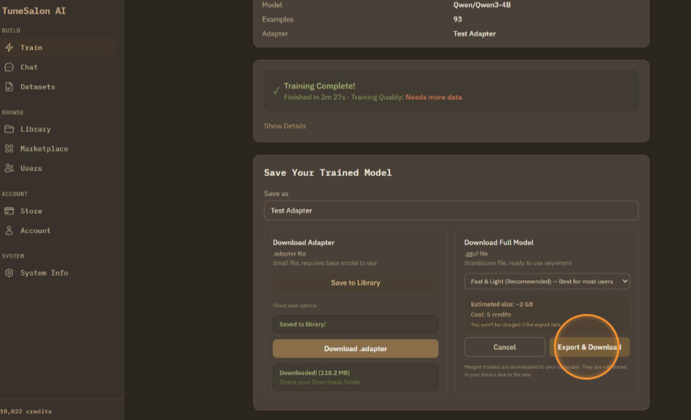 It shows model size and credit cost. Click export & download to confirm.