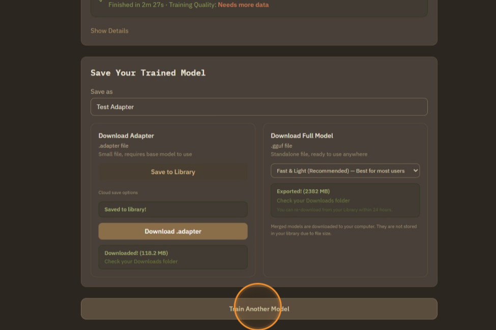 Then click train another model if you want new training. If you don't click it, saving function is retained for 24 hours.