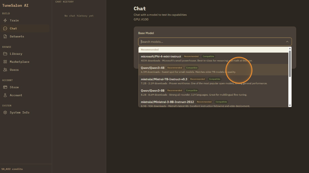Select a base model from the dropdown.