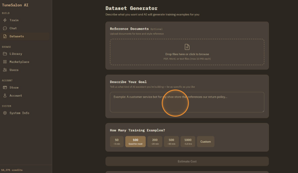 In dataset generator, you can describe what dataset you want. You can also upload documents as a reference.