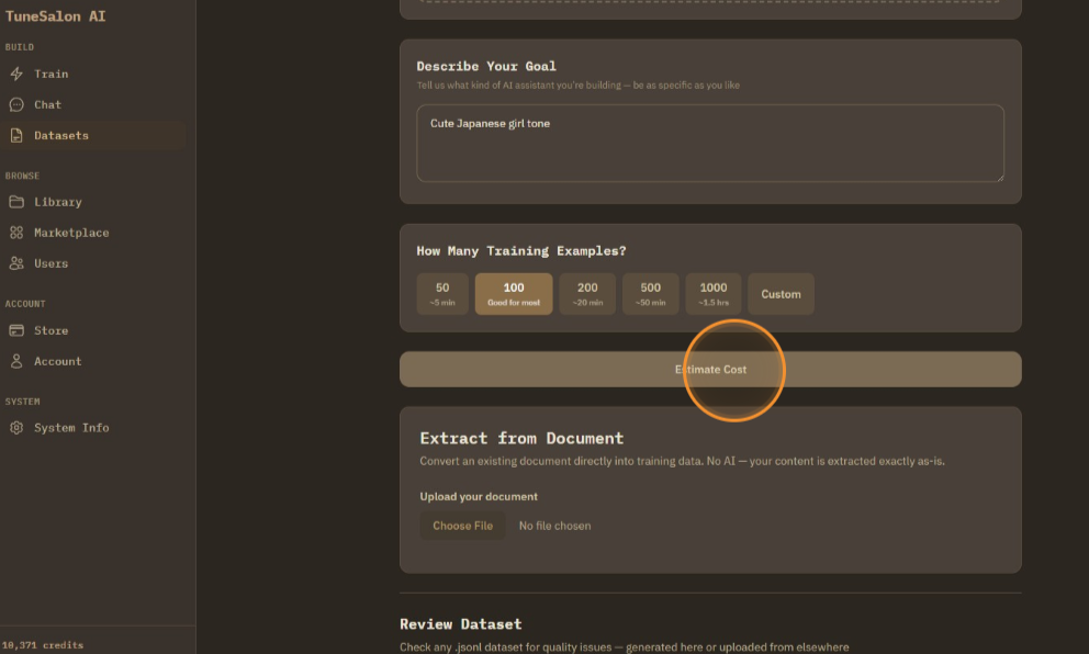 Click estimate cost to see estimated credit cost.