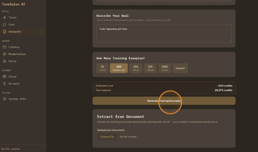 And click generate training example to confirm.